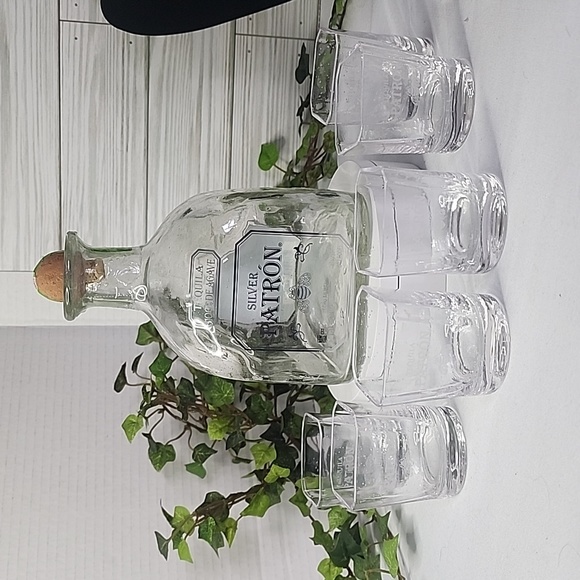 Set of 6 Silver Patron Tequila Shot Glasses with Empty Display Bottle - Picture 1 of 9